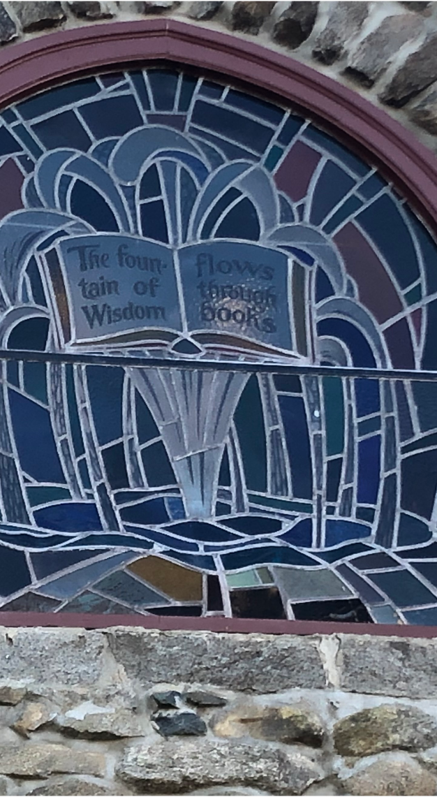 Close-up of the library's stained glass window