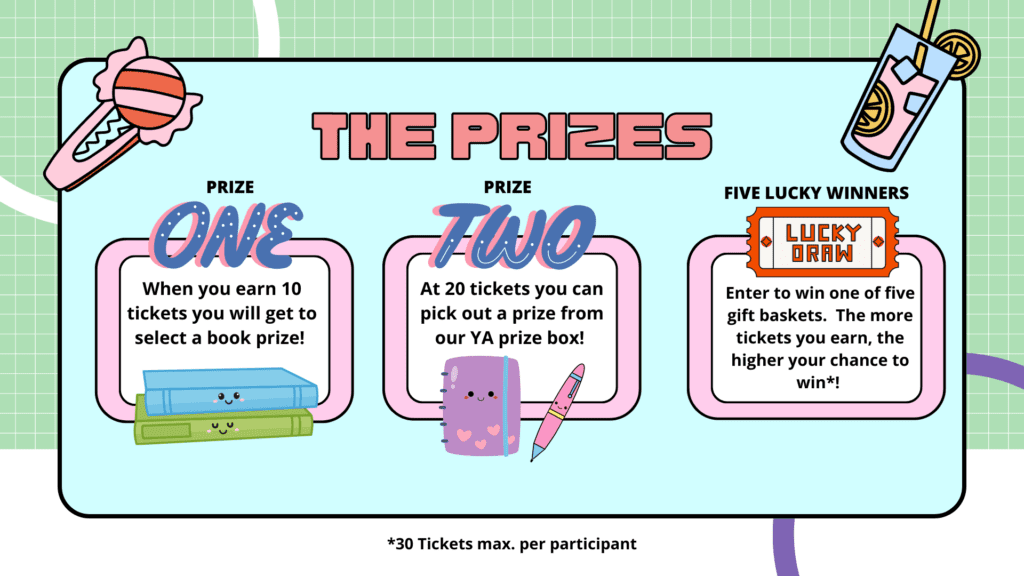 When you earn 10 tickets you will get to select a book prize! 

At 20 tickets you can pick out a prize from our YA prize box! 

Enter to win one of five gift baskets.  The more tickets you earn, the higher your chance to win*! 