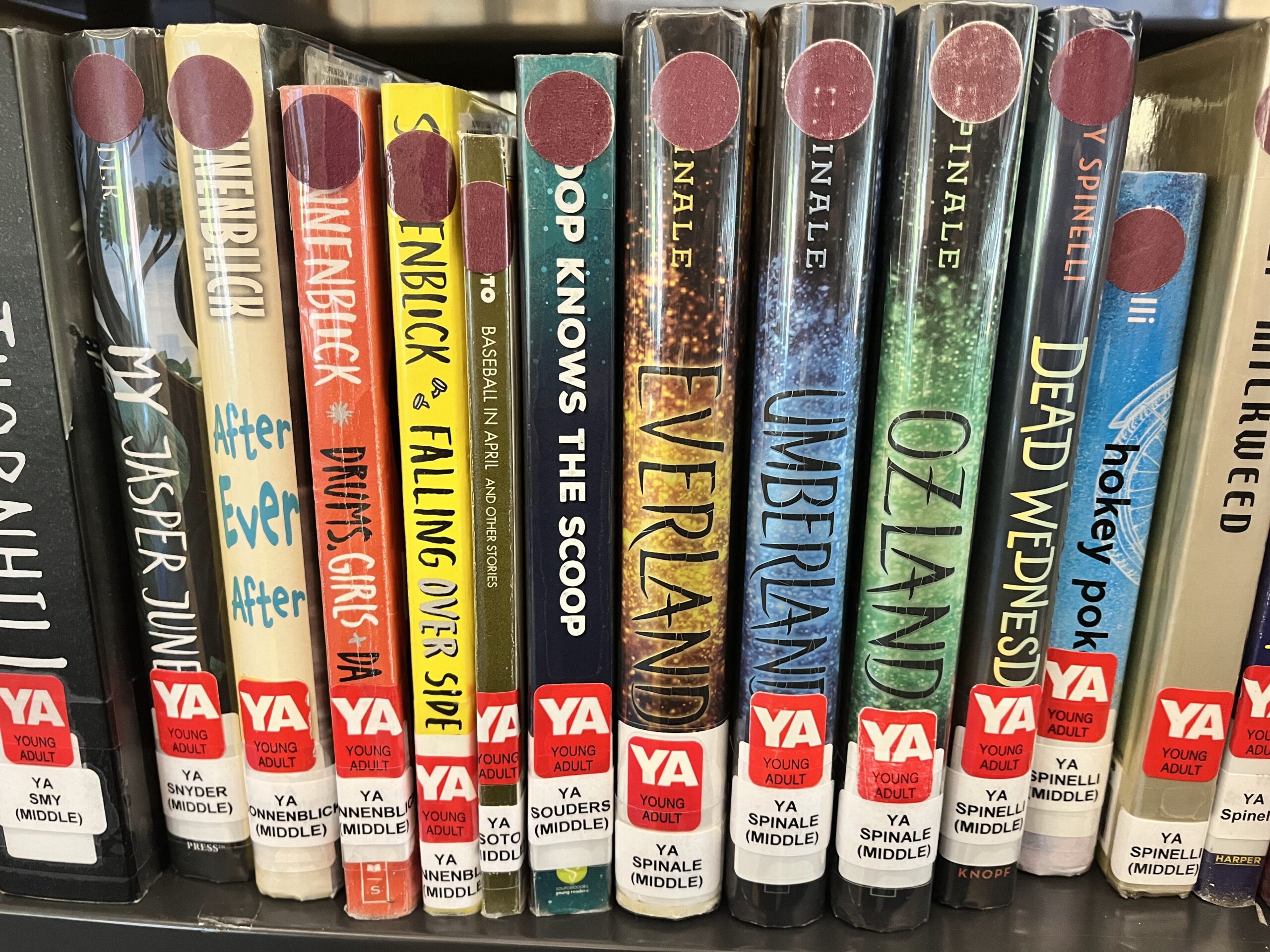 Middle school YA Books on shelf with "purple dot"