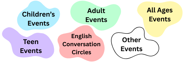 Blue means children's event; green means adult event; yellow means all ages event; purple means teen event; red means english conversation circle; no color means other type of event